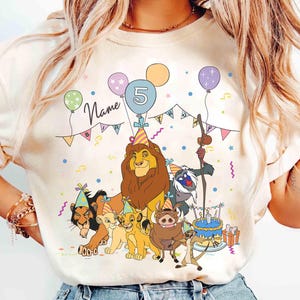 Personalized Name Age Lion King Birthday Balloon T-Shirt, Custom Disney Simba Timon Pumbaa Birthday Present Gift, Disneyland Family Trip Tee