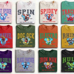 ヴィンテージのスパイダーマンと彼の素晴らしい仲間たちのグループカスタムTシャツ、ゴーストスパイダースピンマッチングTシャツ、ディズニーMCUコミック、ディズニーランド家族旅行ギフト