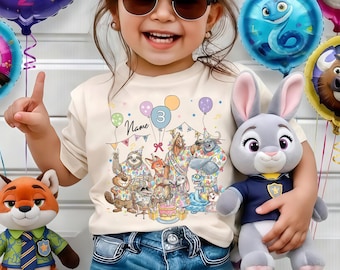 Gepersonaliseerde naam leeftijd Zootopia 2 verjaardagsshirt, Disney Judy Hopps Nick Wilde Gary De'Snake verjaardagscadeau cadeau, Disneyland Family-T-shirt