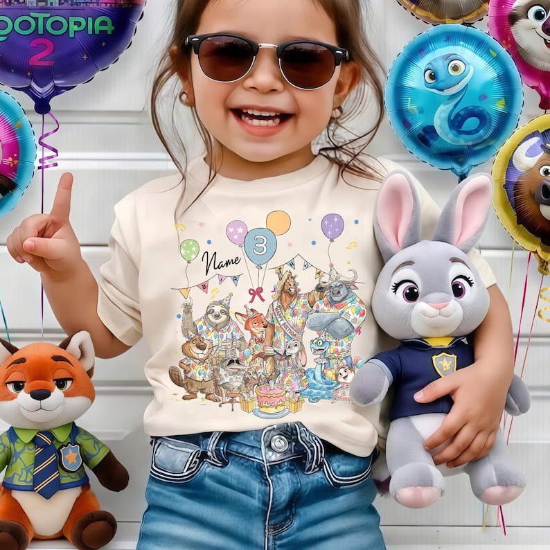 Personalized Name Age Zootopia 2 Birthday Shirt, Disney Judy Hopps Nick Wilde Gary De'Snake Birthday Present Gift, Disneyland Family Tee image 1