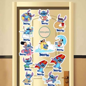 May include: A collection of colorful stickers featuring the character Stitch from Lilo & Stitch in various beach-themed poses. Each sticker includes the word "Name" in blue text. The stickers are displayed on a white door.