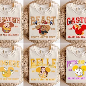 Vintage Disney Beauty And The Beast Characters Group Custom T-Shirt, Belle Lumiere Cogsworth Gaston Matching Tee, Disneyland Family Gift