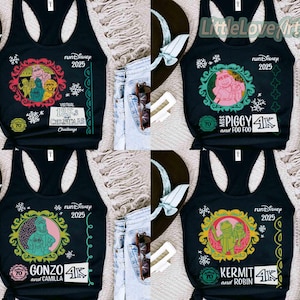May include: Black tank tops featuring colorful designs with characters from the Muppets and Disney. Each tank top has a different design, including Miss Piggy, Kermit, Gonzo, and characters from Frozen. The text "runDisney 2025" and "4K" are also visible.