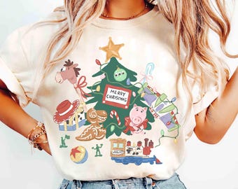 Comfort Colors® Disney Pixar Toy Story Christmas Tree Shirt,  Woody Buzz Lightyear Rex Xmas Light Tee, Disneyland Family Holiday Trip Gifts