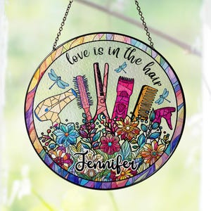 Personalized Hair Stylist Stained Glass Window Hanging, Hair Salon Decor, Suncatcher Hair Tool, Hairdresser Gifts, Hairdresser Glass Arts