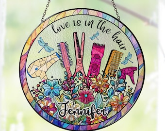 Personalized Hair Stylist Stained Glass Window Hanging, Hair Salon Decor, Suncatcher Hair Tool, Hairdresser Gifts, Hairdresser Glass Arts