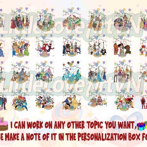 Może przedstawiać: Kolekcja kolorowych ilustracji przedstawiających r&oacute;żne postacie z kresk&oacute;wek, każda umieszczona wok&oacute;ł tortu urodzinowego z balonami i świątecznymi dekoracjami. Tekst na dole brzmi: "I CAN WORK ON ANY OTHER TOPIC YOU WANT, PLEASE MAKE A NOTE OF IT IN THE PERSONALIZATION BOX FOR ME!"