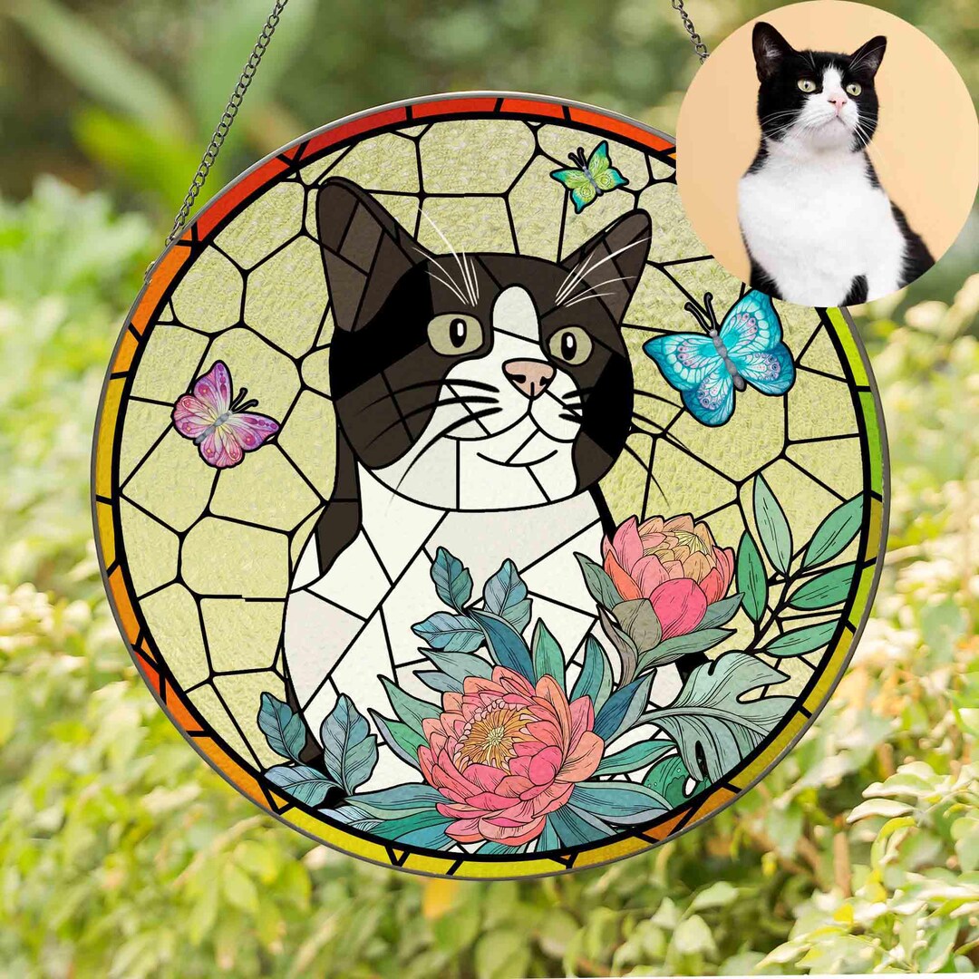 Custom Photo Cat Portrait Stained Glass Suncatcher, Pet Memorial ...
