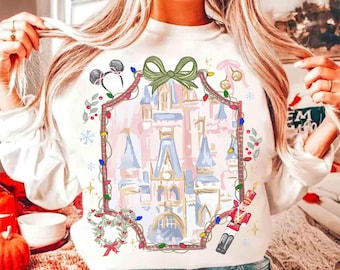 Camiseta navideña Comfort Colors® con lazo Coquette y Castillo Mágico del Reino Mágico, camiseta Disney Mickey's Very Merry Xmas Party 2025, regalos navideños para niñas