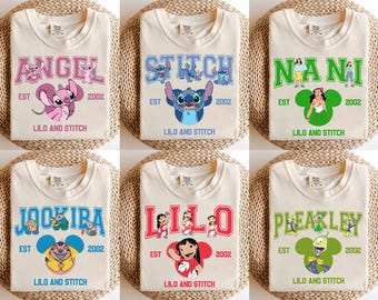 Vintage Lilo and Stitch Characters Group Custom T-shirt, Disney Nani Pleakley Angel Matching Tee, Disneyland Family Vacation 2025 Trip Gift