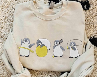 Felpa vintage ricamata con simpatici pinguini che fanno sport, regalo per gli amanti dei pinguini ricamati, girocollo per la giornata di sensibilizzazione sui pinguini, regalo per i pinguini