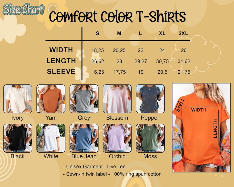 Peut inclure: Tableau des tailles pour les T-shirts Comfort Color, indiquant les mesures en centim&egrave;tres pour la largeur, la longueur et la longueur des manches. Comprend des &eacute;chantillons de couleurs : Ivoire, Yam, Gris, Blossom, Pepper, Noir, Blanc, Blue Jean, Orchid et Moss.