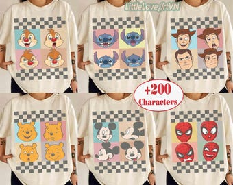 Retro Anpassen Disney Alle Charaktere Kariertes Shirt, Mickey & Friends T-Shirt, Disneyworld Familienurlaub, Magic Kingdom Stitch Toy Story T-Shirt
