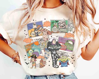 Vintage Disney Pixar Characters Halloween Photos Shirt, Toy Story Skeleton, Cars Mummy, Monster Inc Tee, Mickey's Not So Scary Party Trip