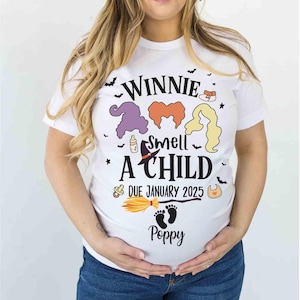 Personalizowana koszulka ciążowa Hocus Pocus, koszulka ciążowa Sanderson Sisters I Smell a Child, ogłoszenie o narodzinach dziecka, prezent na Halloween Disneya