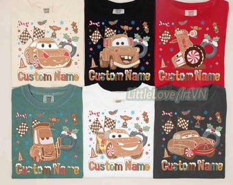 Personalized Cars Gingerbread Disney Christmas Shirt, Lightning McQueen Ginger Cookies, Mater Doc Hudson Xmas Tee, Disneyland Family Gifts