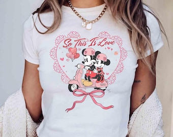Watercolor Bow Mickey And Minnie Baby Tee, Valentine Day Tee, Disney couple WDW Disneyland sweethearts nite Croptop Baby Tee womens T-shirt