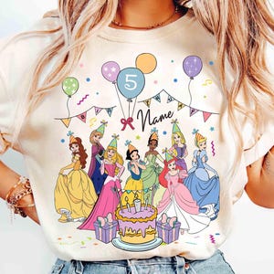 Personalized Name Age Disney Princess Birthday T-Shirt, Custom Tiana Ariel Elsa Rapunzel Belle Birthday Present Gift, Disneyland Family Trip