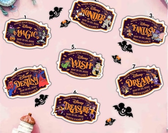 Personalize o nome da porta da cabine da família Disney e do navio de cruzeiro no Halloween, ímã de porta com nome de navio de cruzeiro, viagem de cruzeiro familiar no Halloween, mágica