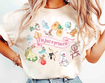 Watercolor Coquette I'm Just A Princess T-Shirt, Disney Aurora Ariel Belle Cinderella Tiana Tee, Magic Kingdom Disneyland Girl Trip 2025 Tee