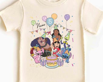 Camiseta de cumpleaños personalizada con nombre y edad de Lilo y Stitch, regalo de cumpleaños personalizado de Disney Stitch Angel Lilo Pleakley, viaje familiar a Disneyland