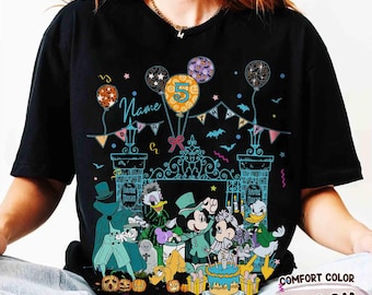 Personalized Name Age Mickey & Friends Haunted Mansion Birthday Shirt, Custom Disney Halloween Birthday Gift, WDW Family Birthday Party Tee