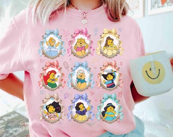 Coquette Bows Pooh Bear Custom Disney Princess Characters T-Shirt, Belle Aurora Elsa Ariel Tee, Winnie The Pooh, Magic Kingdom Girl Trip Tee
