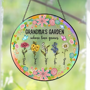 Oma&#39;s tuin aanpassen glas-in-lood zonnevanger, geboortebloemen glaskunst, Moederdagcadeau, oma&#39;s cadeau van kleinkinderen, cadeau voor moeder