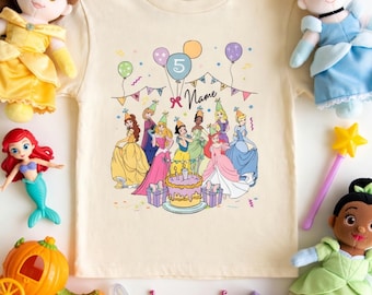 Personalized Name Age Disney Princess Birthday T-Shirt, Custom Tiana Ariel Elsa Rapunzel Belle Birthday Present Gift, Disneyland Family Trip