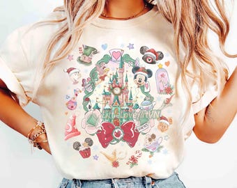 Camiseta navideña Comfort Colors® Coquette Disney Castle, camiseta navideña femenina Magic Kingdom, fiesta navideña de Mickey 2025, regalos familiares de WDW