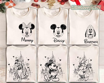 2-sided Retro Mickey and Friends Sketch Shirt, Disney Castle Girl Trip Tee, Magic Kingdom Family Group Matching, Disneyland Holiday Gift Tee
