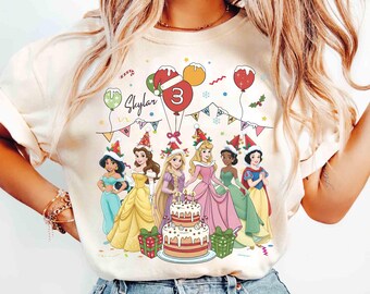 Personalized Name Age Disney Princess Birthday Christmas Shirt, Custom Ariel Elsa Rapunzel Belle Birthday Present Gifts, Disneyland Family