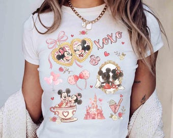 Watercolor Bow Mickey And Minnie Baby Tee, Valentine Day Tee, Disney couple WDW Disneyland sweethearts nite Croptop Baby Tee womens T-shirt