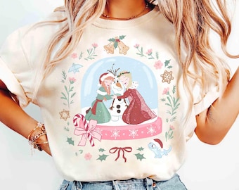 Coquette Disney Frozen Globe Christmas Shirt, Disney Elsa and Anna Princess Xmas Tee, Santa Olaf,  Magic Kingdom Disneyland Xmas Family Trip