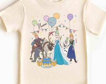 Personalized Name Age Disney Frozen Birthday T-shirt, Custom Disney Elsa Anna Olaf Sven Birthday Present Gifts, Disneyland Family Trip Tee