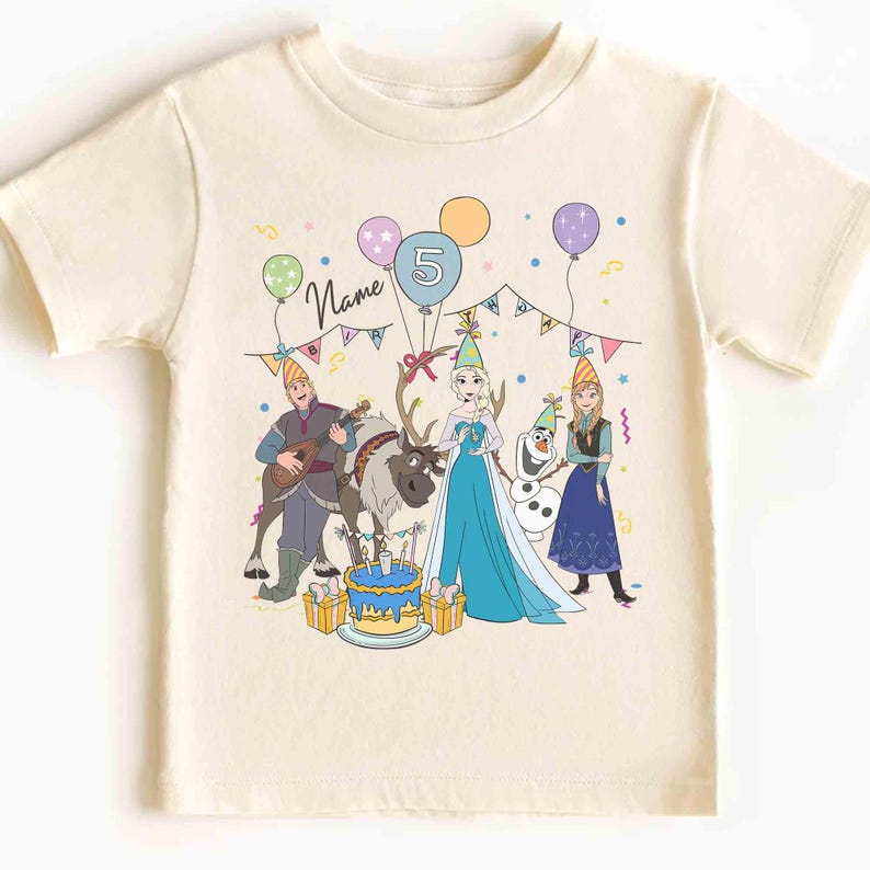 Spersonalizowana koszulka urodzinowa Disney Frozen z imieniem i wiekiem, spersonalizowany prezent urodzinowy Disney Elsa Anna Olaf Sven, rodzinna koszulka na wycieczkę do Disneylandu zdjęcie 1