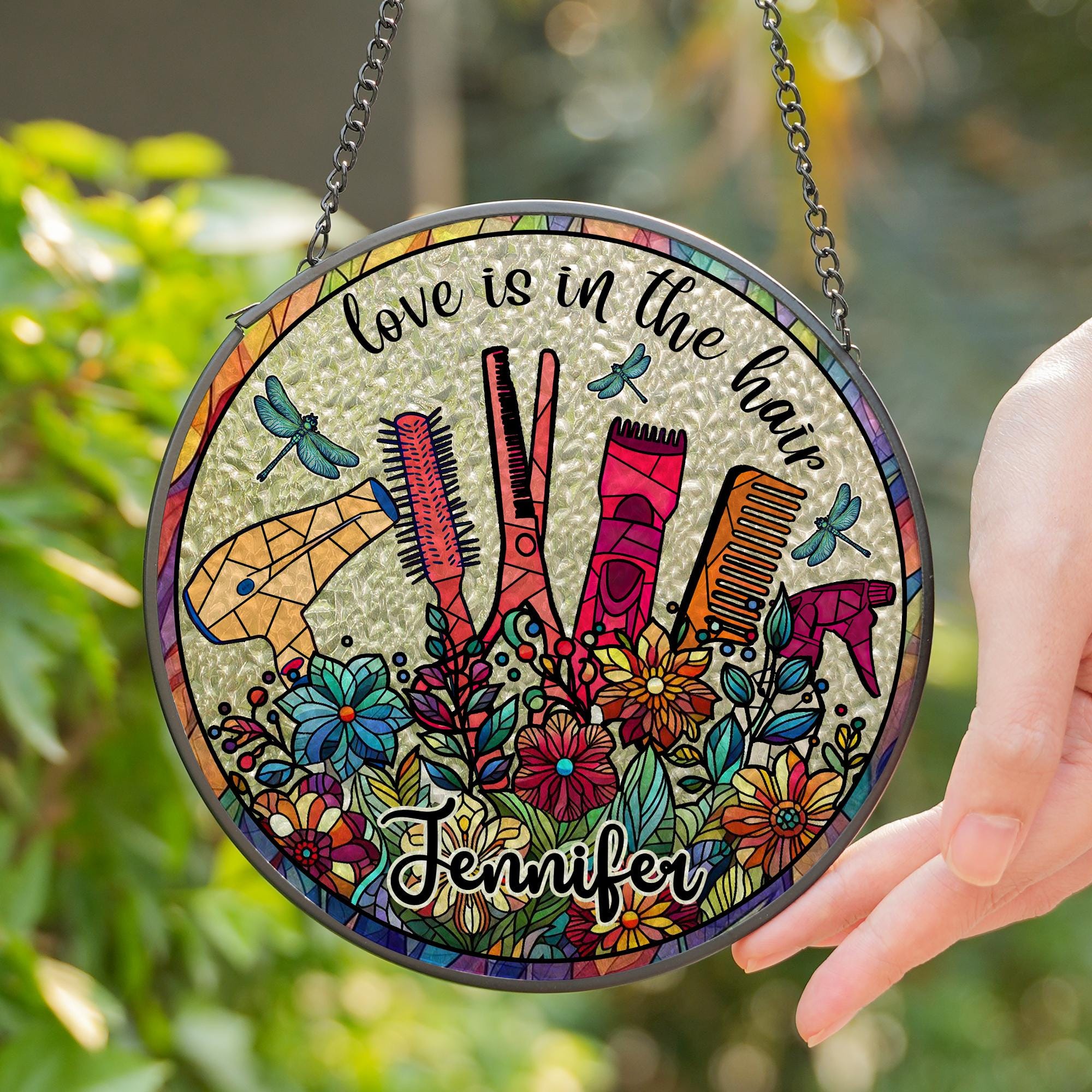 デザイナーガラスベースUSA(シユランサー作品 Personalized Hair Stylist Stained Glass Window Hanging, Hair Salon