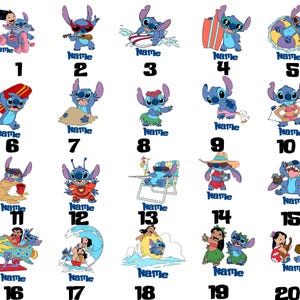 May include: A collection of 20 cartoon images of the character Stitch in various poses and outfits. Each image has the word "Name" printed below it in blue. The images are numbered from 1 to 20.