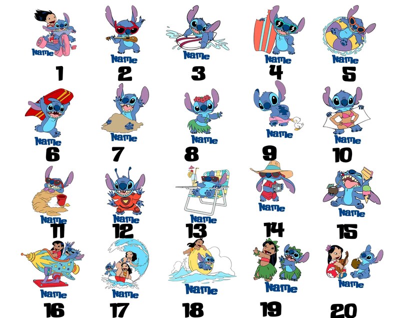 May include: A collection of 20 cartoon images of the character Stitch in various poses and outfits. Each image has the word "Name" printed below it in blue. The images are numbered from 1 to 20.