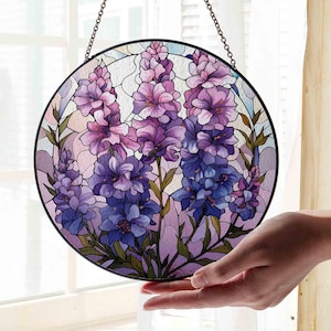 Lavendel und violette Blume Glasmalerei, Lavendel Fensterbehang, Natur inspirierte Kunst, botanische Glasverzierung, handgefertigte Blumenkunstgeschenke