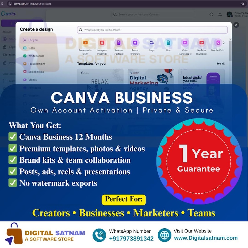 May include: A digital graphic advertisement for Canva Business account activation. The text includes 'CANVA BUSINESS', 'Own Account Activation', '1 Year Guarantee', and a list of features like premium templates, brand kits, and no watermark exports.