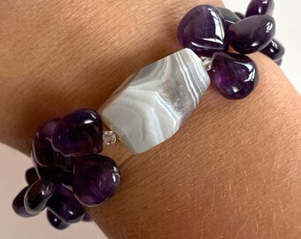 Amethyst Bracelet | Amethyst and Agate Bracelet | Gemstone Bracelet | Adjustable Bracelet | February Birthstone