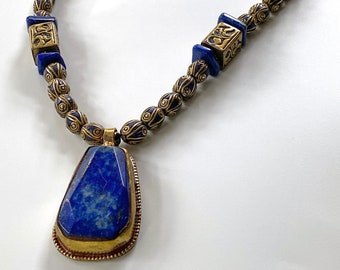 Lapis Pendant Necklace | Tibetan Pendant | Blue and Brass Bead Necklace | Lapis Lazuli Necklace  | Tribal | Boho | Tibet