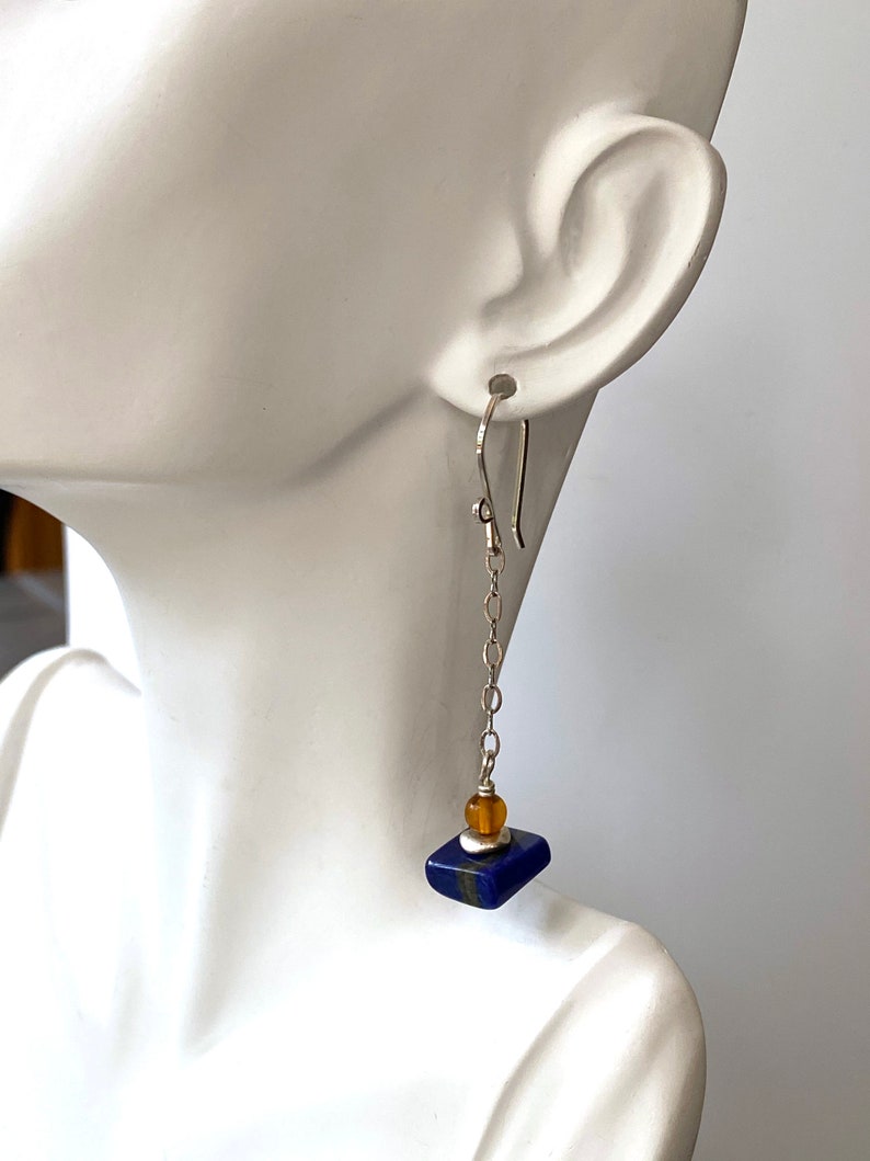 Blue Lapis Earrings Lapis and Baltic Resin Earrings Colorful Earrings Blue Lapis and Sterling Silver Earrings image 6