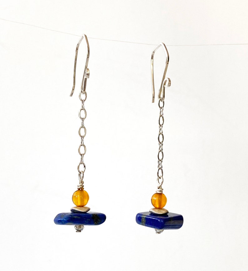 Blue Lapis Earrings Lapis and Baltic Resin Earrings Colorful Earrings Blue Lapis and Sterling Silver Earrings image 2