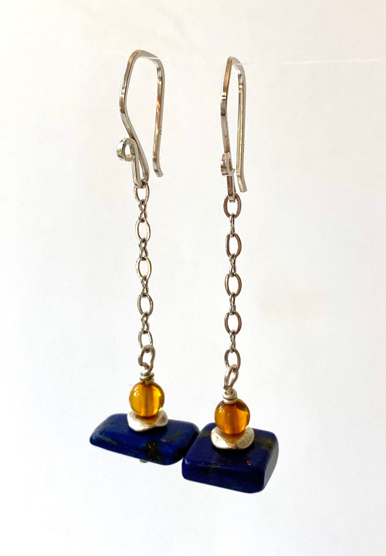 Blue Lapis Earrings Lapis and Baltic Resin Earrings Colorful Earrings Blue Lapis and Sterling Silver Earrings image 5