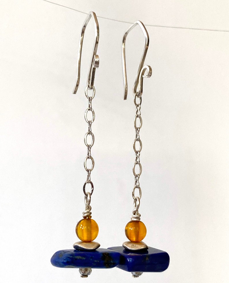Blue Lapis Earrings Lapis and Baltic Resin Earrings Colorful Earrings Blue Lapis and Sterling Silver Earrings image 3