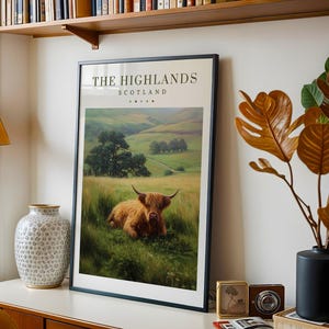 Highland Cow Scottish Travel Print, The Highlands Travel Poster, Scotland wall print, Scottish countryside wall decor, Highland Cow Gift
