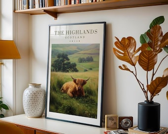 Highland Cow Scottish Travel Print, The Highlands Travel Poster, Scotland wall print, Scottish countryside wall decor, Highland Cow Gift