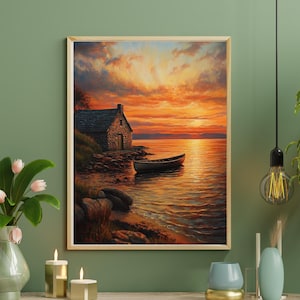 Sunset bothy wall art print, Sunset over the sea in Scotland art, bothy&#39;s of Scotland, Sunset over Scottish bay painting, Sea wall art